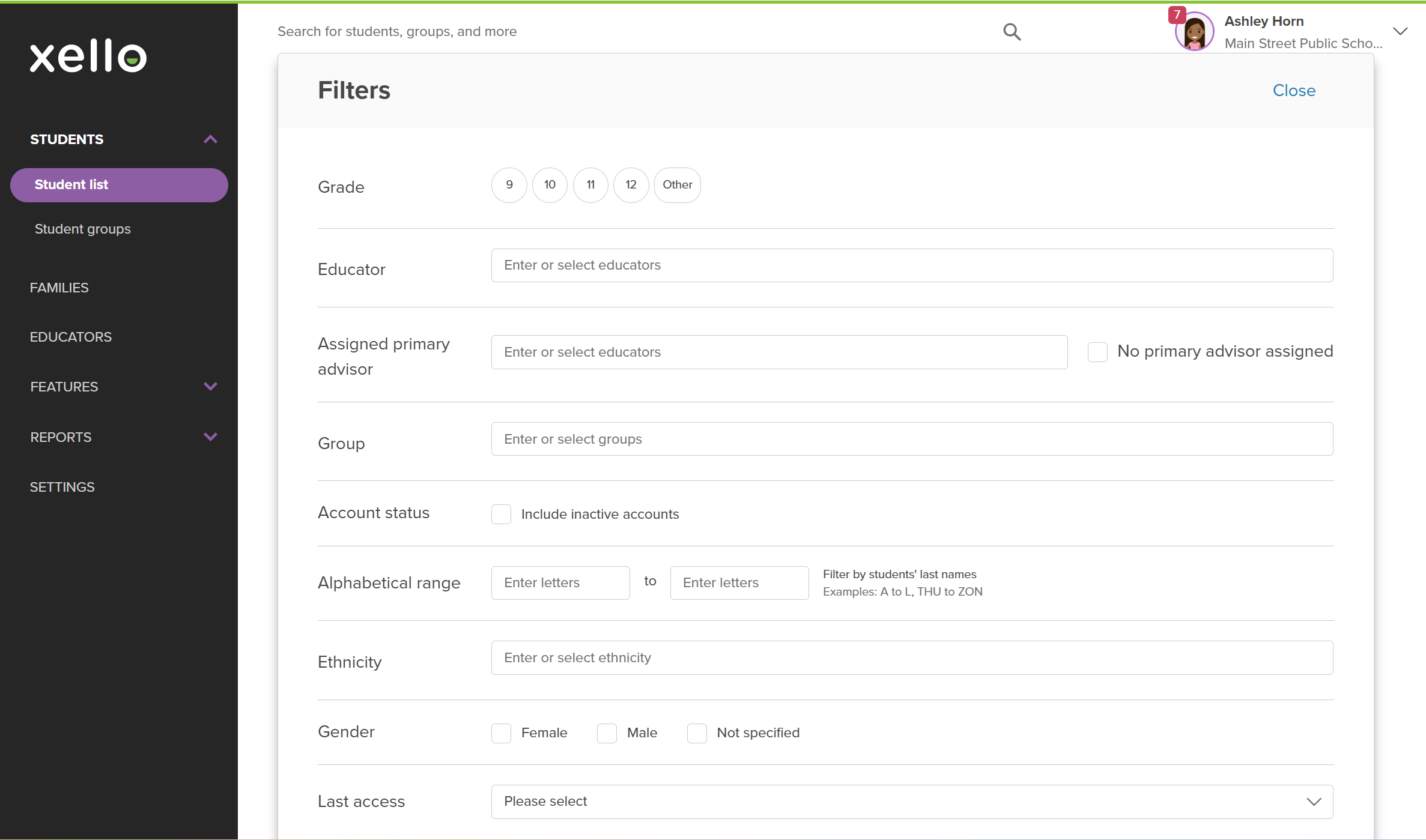 The Filters modal on the Student list. Options include grade, educator, group, assigned primary advisor.